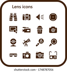 conjunto de iconos de lente. 16 iconos de lente rellenos. Incluidos Binoculares, cámara fotográfica, ojos, foco, búsqueda, cámara, vidrio, cámara web, telescopio, lupa, gafas de sol, iconos de lentes de vidrio