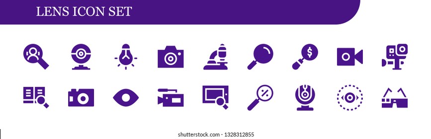 lens icon set. 18 filled lens icons.  Collection Of - Search, Webcam, Tungsten, Camera, Microscope, Magnifying glass, Gopro, Photo camera, View, Vision, Virtual glasses