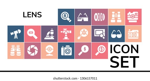 lens icon set. 19 filled lens icons.  Collection Of - Search, Telescope, Binoculars, Camera, Webcam, Photo camera, Zoom out, Microscope, Loupe, Glasses, Virtual glasses, Lens