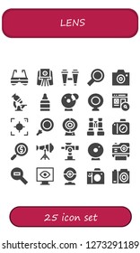  lens icon set. 25 filled lens icons. Simple modern icons about  - Sunglasses, Camera, Binoculars, Search, Microscope, Eye drops, Cam, Webcam, Focus, Loupe, Magnifying glass, Telescope