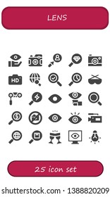 lens icon set. 25 filled lens icons.  Collection Of - Eye, Photo camera, Search, Magnifying glass, Camera, Sunglasses, Binoculars, View, Lens, No photo, Glasses, Tungsten