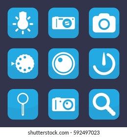 lens icon. Set of 9 filled lens icons such as magnifier, search, camera