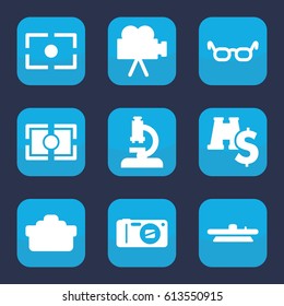 Lens icon. set of 9 filled lens icons such as camera, camera lense, camera focus, binoculars with dollar sign, microscope