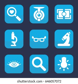 Lens icon. set of 9 filled lens icons such as eye, microscope, heart search, search, camera focus, camera bulb, spy camera