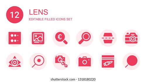 lens icon set. Collection of 12 filled lens icons included Blur, Digital picture frame, Magnifying glass, Search, Flip, Eye, Camera lens, Photo camera, Evidence, Camera, Searching