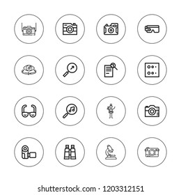 Lens icon set. collection of 16 outline lens icons with blur, binoculars, camera, detective, microscope, photo camera, search, smart glasses icons.