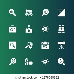 lens icon set. Collection of 16 filled lens icons included Magnifying glass, White balance, Camera, Search, Telescope, Detective, Binoculars, Eye, Photo camera, Exposure, Len