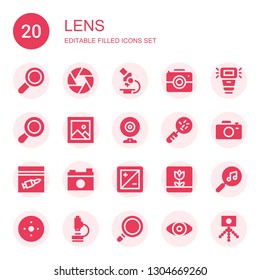 lens icon set. Collection of 20 filled lens icons included Find, Diaphragm, Microscope, Camera, Camera flash, Loupe, Image, Webcam, Evidence, Macro, Search, Blur, Magnifying glass