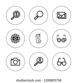Lens icon set. collection of 9 outline lens icons with camera, eyeglasses, loupe, glass, glasses, photography, search icons. editable icons.