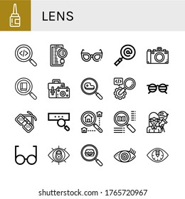 lens icon set. Collection of Eye drops, Search, Glasses, Camera, Camera bag, Searching, Astronomer, View, Vision, Eye icons