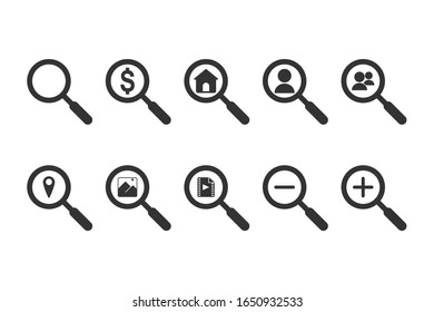 Lens Icon set in trendy flat style for search or zoom icon isolated on white background.