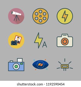 lens icon set. vector set about film, photo camera, flash and bionic contact lens icons set.
