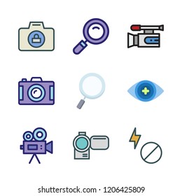 lens icon set. vector set about video camera, flash, magnifying glass and camcorder icons set.