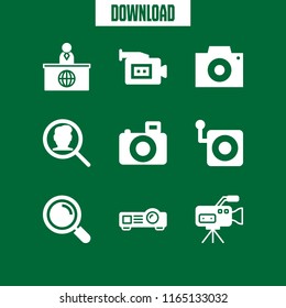 lens icon. This set with magnifying glass, projector, video camera and loupe vector icons for mobile and web