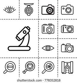 Lens icons. set of 13 editable outline lens icons such as camera, eye, heart search, microscope, heart with camera, search share, zoom out