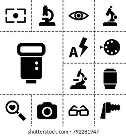 Lens icons. set of 13 editable filled lens icons such as microscope, heart search, camera, camera zoom, auto flash, eye