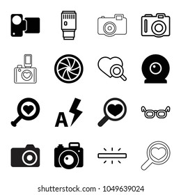 Lens icons. set of 16 editable filled and outline lens icons such as heart search, camera shutter, auto flash, web camera