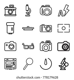 Lens icons. set of 16 editable outline lens icons such as microscope, camera, heart with camera, magnifier, glasses