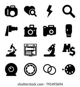 Lens icons. set of 16 editable filled lens icons such as camera, heart search, microscope, binoculars with dollar sign, search, camera zoom