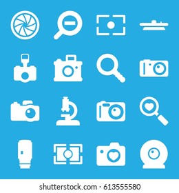 Lens icons set. set of 16 lens filled icons such as heart with camera, heart search, search, camera, zoom out