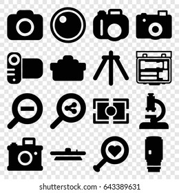 Lens icons set. set of 16 lens filled icons such as camera, camera tripod, zoom out, microscope, heart search