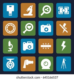 Lens icons set. set of 16 lens filled icons such as microscope, camera, camera zoom, flash, no flash, heart search