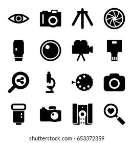 Lens icons set. set of 16 lens filled icons such as camera, heart search, camera flash, eye, microscope