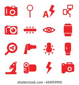 Lens icons set. set of 16 lens filled icons such as camera, microscope, magnifier, camera zoom, flash, auto flash, eye