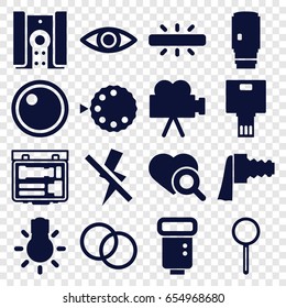 Lens icons set. set of 16 lens filled icons such as heart search, magnifier, camera zoom, camera flash, no flash