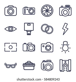 lens icons set. Set of 16 lens outline icons such as heart with camera, camera, flash, eye