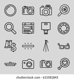 Lens icons set. set of 16 lens outline icons such as heart with camera, glasses, search, camera, heart search, search share