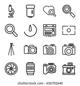 Lens icons set. set of 16 lens outline icons such as heart search, camera, search, camera flash