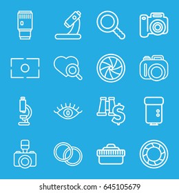 Lens icons set. set of 16 lens outline icons such as eye, heart search, microscope, search, camera, camera flash