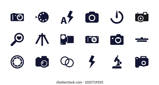 Lens icons. set of 18 editable filled lens icons: camera, heart with camera, flash, auto flash, microscope