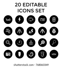 Lens icons. set of 20 editable filled and outline lens icons such as heart search, glasses, camera tripod, camera lense, flash, auto flash, binoculars with dollar sign