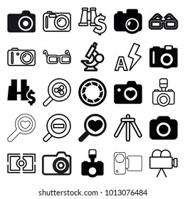 Lens icons. set of 25 editable filled and outline lens icons such as camera, heart with camera, binoculars with dollar sign, search share, glasses, auto flash, zoom out