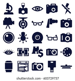 Lens icons set. set of 25 lens filled icons such as camera, eye, glasses, camera zoom, no flash, binoculars with dollar sign