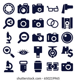 Lens icons set. set of 25 lens filled icons such as camera, eye, heart with camera, heart search, glasses, zoom out, binoculars with dollar sign, microscope