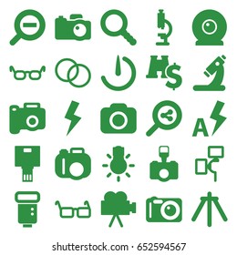 Lens icons set. set of 25 lens filled icons such as microscope, glasses, search, camera, camera flash, flash, auto flash, zoom out, binoculars with dollar sign