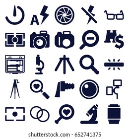 Lens icons set. set of 25 lens filled icons such as microscope, heart search, glasses, search, camera zoom, camera shutter, no flash, auto flash, zoom out