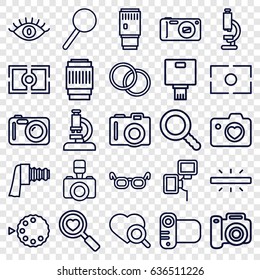 Lens icons set. set of 25 lens outline icons such as camera, eye, heart search, heart with camera, magnifier, search, glasses