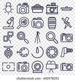 Lens icons set. set of 25 lens outline icons such as camera, microscope, heart search, search, camera zoom, no flash