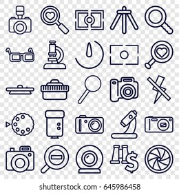 Lens icons set. set of 25 lens outline icons such as microscope, heart search, magnifier, glasses, search, camera, camera flash, no flash, zoom out