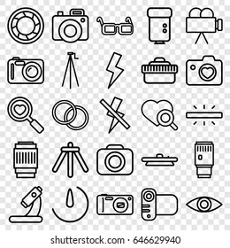 Lens icons set. set of 25 lens outline icons such as heart search, microscope, heart with camera, camera, glasses, flash, no flash