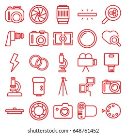 Lens icons set. set of 25 lens outline icons such as camera, heart search, heart with camera, flash, microscope