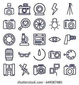 Lens icons set. set of 25 lens outline icons such as camera, camera zoom, flash, no flash, eye, glasses, microscope