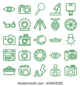 Lens icons set. set of 25 lens outline icons such as eye, microscope, heart with camera, magnifier, glasses, camera