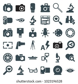 Lens icons. set of 36 editable filled lens icons such as eye, microscope, camera, heart search, search share, glasses, camera zoom, auto flash, binoculars with dollar sign