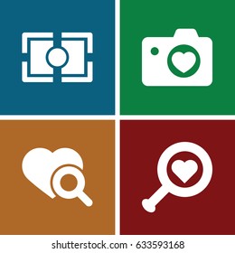 Lens icons set. set of 4 lens filled icons such as heart search, heart with camera