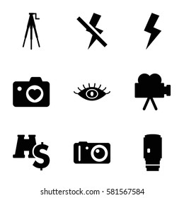 lens icons set. Set of 9 lens filled icons such as eye, heart with camera, camera, flash, no flash